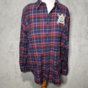 Ralph Lauren Sport Cotton Women’s Plaid Sz 14 Flannel Short With Beaded Crest
